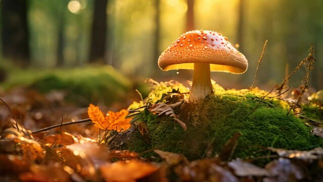 Amanita muscaria mushroom on moss in autumn forest, mushroom in the autumn HD 8K wallpaper Stock Photographic Image, AI Generated