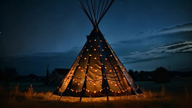 Traditional indian teepee in the field at night with starry sky, Native american indian teepee at night with starry sky, AI Generated