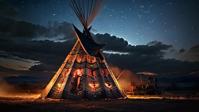 Native american indian teepee at night. 3D rendering, Native american indian teepee at night with starry sky, AI Generated