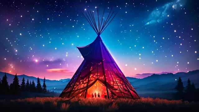 Silhouette of indian teepee at night. Vector illustration, Native american indian teepee at night with starry sky, AI Generated