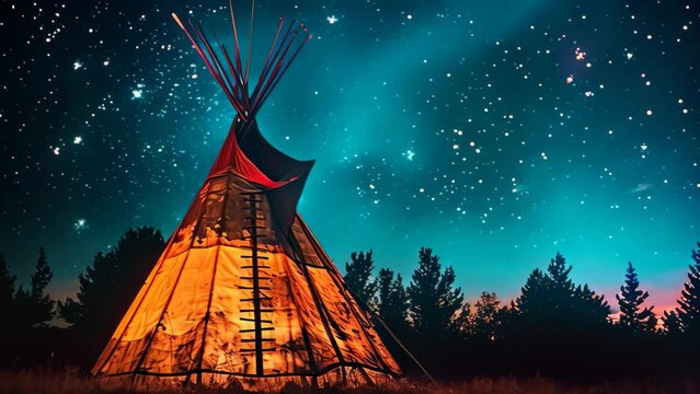 Beautiful indian teepee in the night sky with stars, Native american indian teepee at night with starry sky, AI Generated