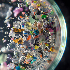 microscope photo of microplastics in a petri dish