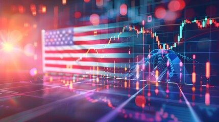 A Stock market background with a USA Flag and market charts - obrazy, fototapety, plakaty