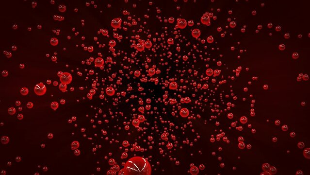 Abstract red bubbles background with flying through a plenty of transparent spheres. Dark underwater 3D animation for medicine, biology, modern technologies and organic science.  4k video , 60 fps