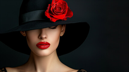 Woman Red Lips and Rose Flower, Fashion Model Beauty Portrait in Retro Hat on Black background