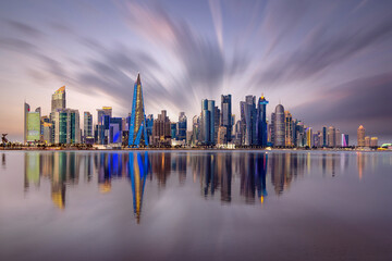 Fototapeta na wymiar The Panoramic skyline of Doha, Qatar during sunrise 