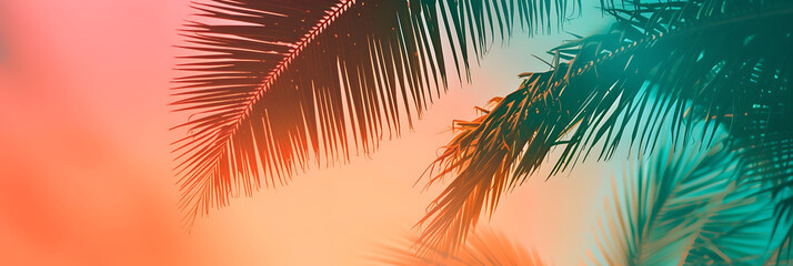  Tropical sunset in shades of orange, pink, and teal gradient with a captivating grainy texture. Ideal for a serene and picturesque summer poster