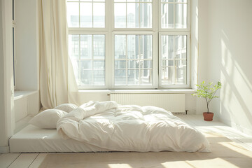 Bed in Bedroom Next to Window - obrazy, fototapety, plakaty
