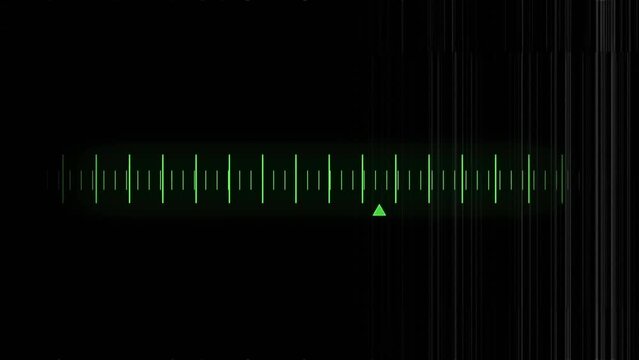 Animation of vertical interference lines over green gauge and arrow on black background