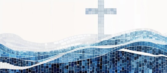 mosaic illustration of the cross, white background with blue wavy line Generative AI