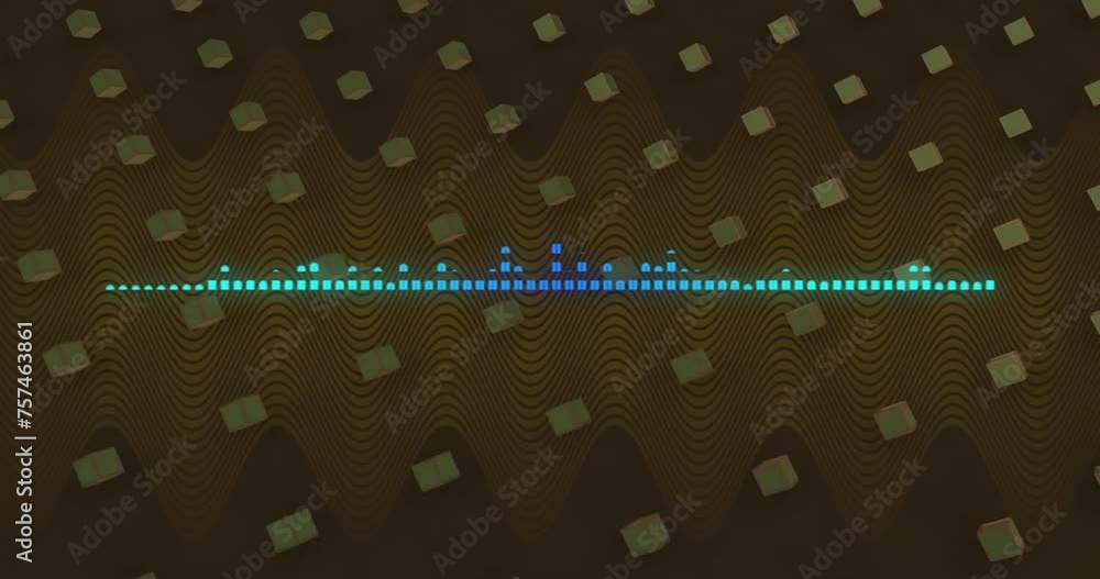 Aufkleber animation of glowing blue pixel audio level meter over rotating cubes on dark background