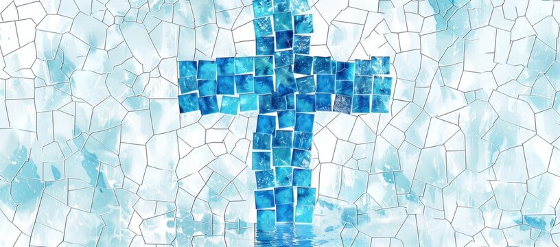 intricate mosaic pattern featuring the cross and water, using shades of blue to symbolize purity and life on a white background Generative AI