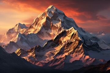 Snowcovered mountain at sunset, surrounded by clouds and a colorful sky