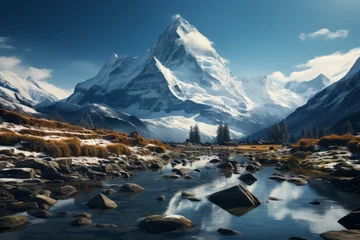 Foto op Canvas Snowcapped mountain reflects in river amid rocky natural landscape © JackDong