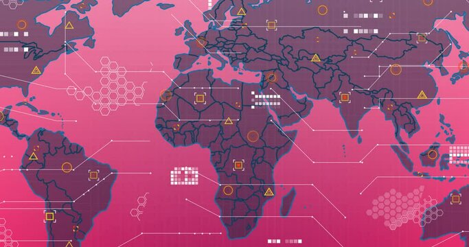 Animation of processing data over pink and brown world map