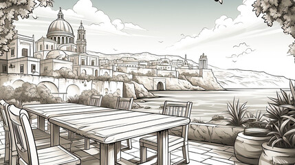 Street cafe with tables and chairs near the sea in some old Mediterranean city. Sketch illustration for coloring book.