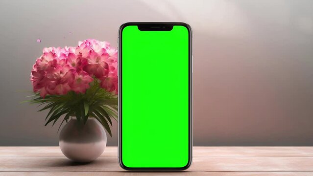 Smartphone green screen with pink flower background; is perfect for background projects; 4k virtual video animation.