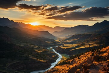 Sun setting over mountains, reflecting on river in valley
