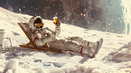 The astronaut lies on a moon lounger and drinks beer wallpaper colorful live space planet relaxation vacation - obrazy, fototapety, plakaty
