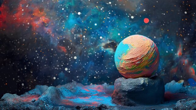 Graphic art of a vibrant handmade paper mache planet on a styrofoam base. Beautiful planet with a background of stars and galaxies in a playful essence.
