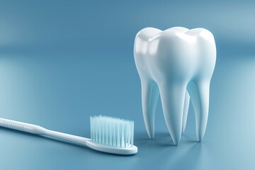 A single, white, healthy-looking molar tooth next to toothbrush against a light blue background. Dental care concept, 3d rendering.