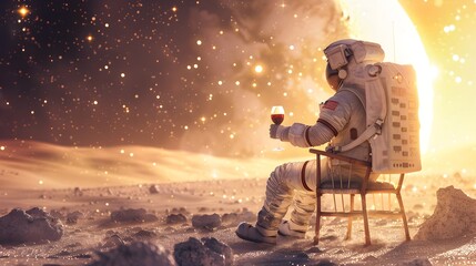 The astronaut lies on a sun lounger and drinks beer 