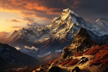 Sunset painting of snowy mountain range with clouds in the sky - Powered by Adobe