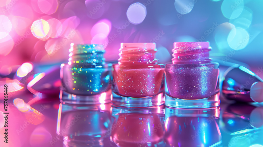 Aufkleber three sparkly nail polish containers are set against a bokeh light background, creating a dreamy and