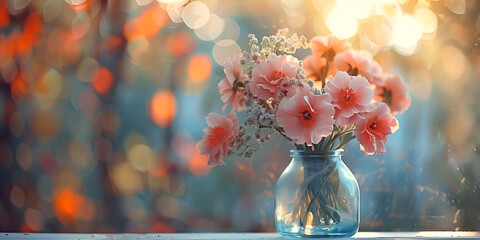 Flowers in jar Beautiful fresh spring bouquet Beautiful flowers bouquet and bokeh background Valentine's day.