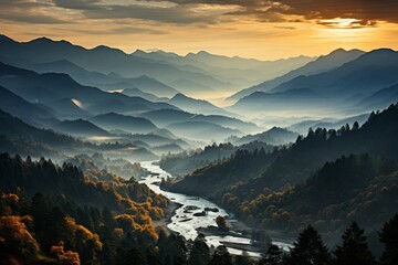 River flows through valley surrounded by mountains at sunset, under colorful sky