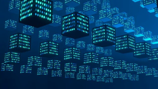Blockchain, decentralized data. Computer network, distributed database, crypto currencies, crypto mining, data connections,  binary code, bit, bytes, digits, programming.