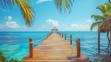 Fototapeta premium Exotic tropical resort. Jetty near Cancun, Mexico. Travel, Tourism and Vacations Concep