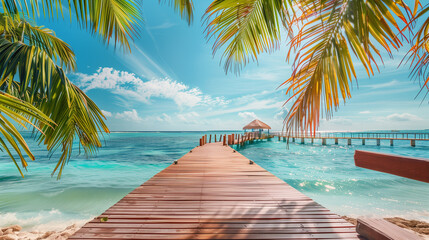 Exotic tropical resort. Jetty near Cancun, Mexico. Travel, Tourism and Vacations Concep