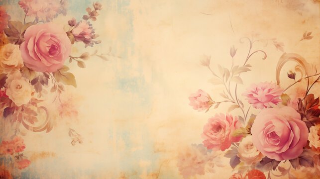 Warm vintage floral wallpaper background with soft pastel flowers
