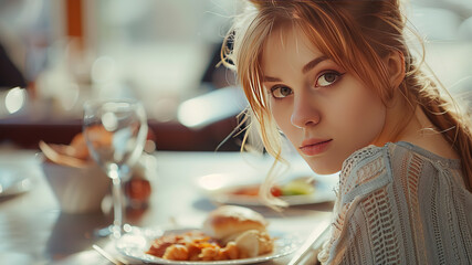 pretty young woman in restaurant, pretty young woman eating in the restaurant, restaurant scene