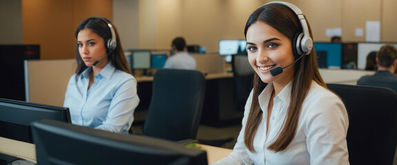 Two professional women in their 20s wearing headsets and working at a call center, showcasing teamwork and communication in a modern office environment. - 757466047