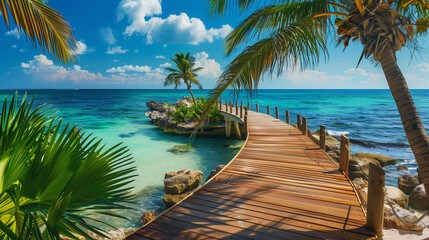 Exotic tropical resort. Jetty near Cancun, Mexico. Travel, Tourism and Vacations Concep