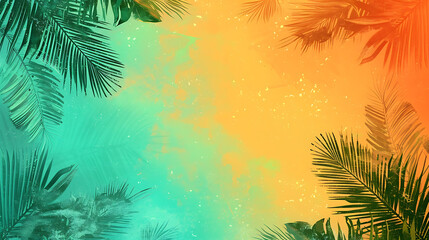 Fototapeta na wymiar Tropical vibes with an orange, turquoise, and lime green gradient background, enhanced by a grainy texture. Great for a vibrant summer party poster