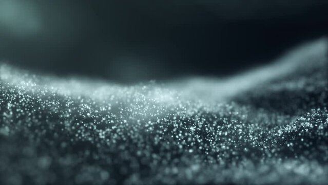 Digital abstract dynamic background of glowing gray magical waves on dark background illuminated by light source. Fast moving shiny particle flow, futuristic concept. 4k 60fps video loop.