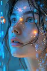 Futuristic Woman Engaged with Digital Interface and Lights.