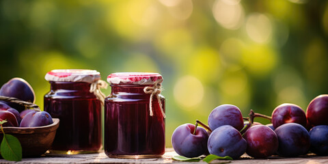 Jars of homemade plum jam are lined up on a wooden surface against a backdrop of green foliage, with ripe plums scattered in the foreground. - obrazy, fototapety, plakaty