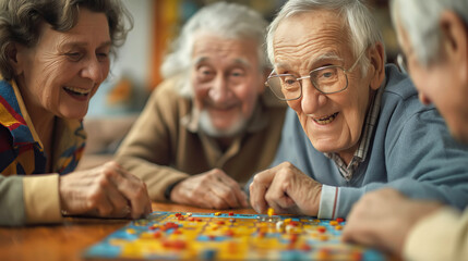 Multiracial seniors having fun during board game in geriatric clinic or nursing home