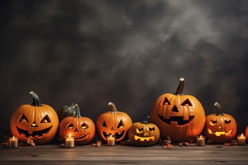 Dark halloween interior wall background with wooden floor and empty space for text or graphics
