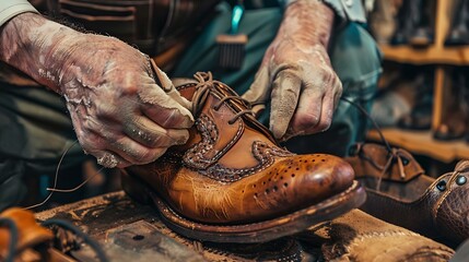 A Cobbler Patching and stitching torn or damaged leather uppers - obrazy, fototapety, plakaty