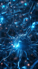 Neuron Cell with Glowing Synapses in Neural Network - obrazy, fototapety, plakaty