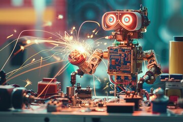 A robotic machine, its metallic frame gleaming under the bright lights, stands upright on a sturdy table in a well-equipped workshop, A robot repairing its own circuits, AI Generated