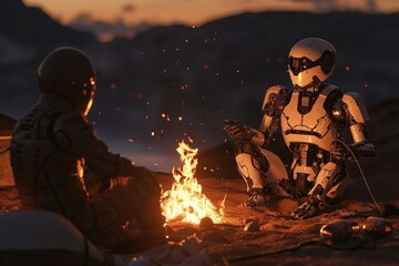 A group of friends sits together around a crackling bonfire, sharing stories and enjoying the warm glow of the flames, A robot sitting around a campfire with humans, AI Generated