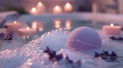 Romantic dusky lighting over a calming bath arrangement with a bath bomb and scattered lavender