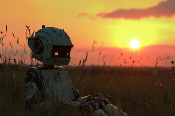 A robot sits in a green field surrounded by tall grass and wildflowers as the sun sets in the vibrant orange sky, A robot watching a sunset in solitude, AI Generated
