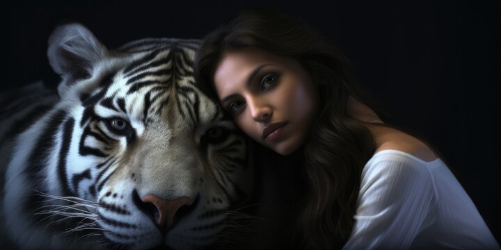 In a captivating portrait, a woman poses gracefully alongside a magnificent white tiger.